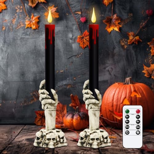 GenSwin Halloween Black Taper Flameless Candles with Ghost Hand Candlesticks