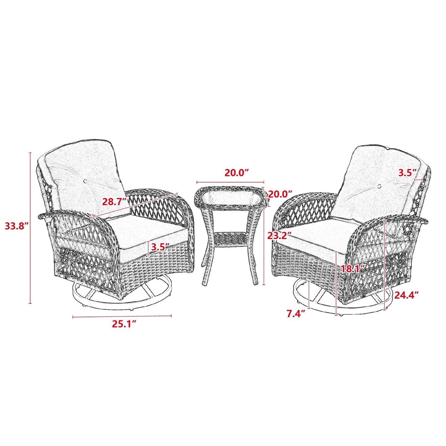 3pc Outdoor Swivel Rocker Patio Chairs with Thick Cushions