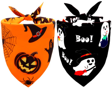 2pcs Reversible Pumpkin & Ghost Scarves for Medium/Large Dogs