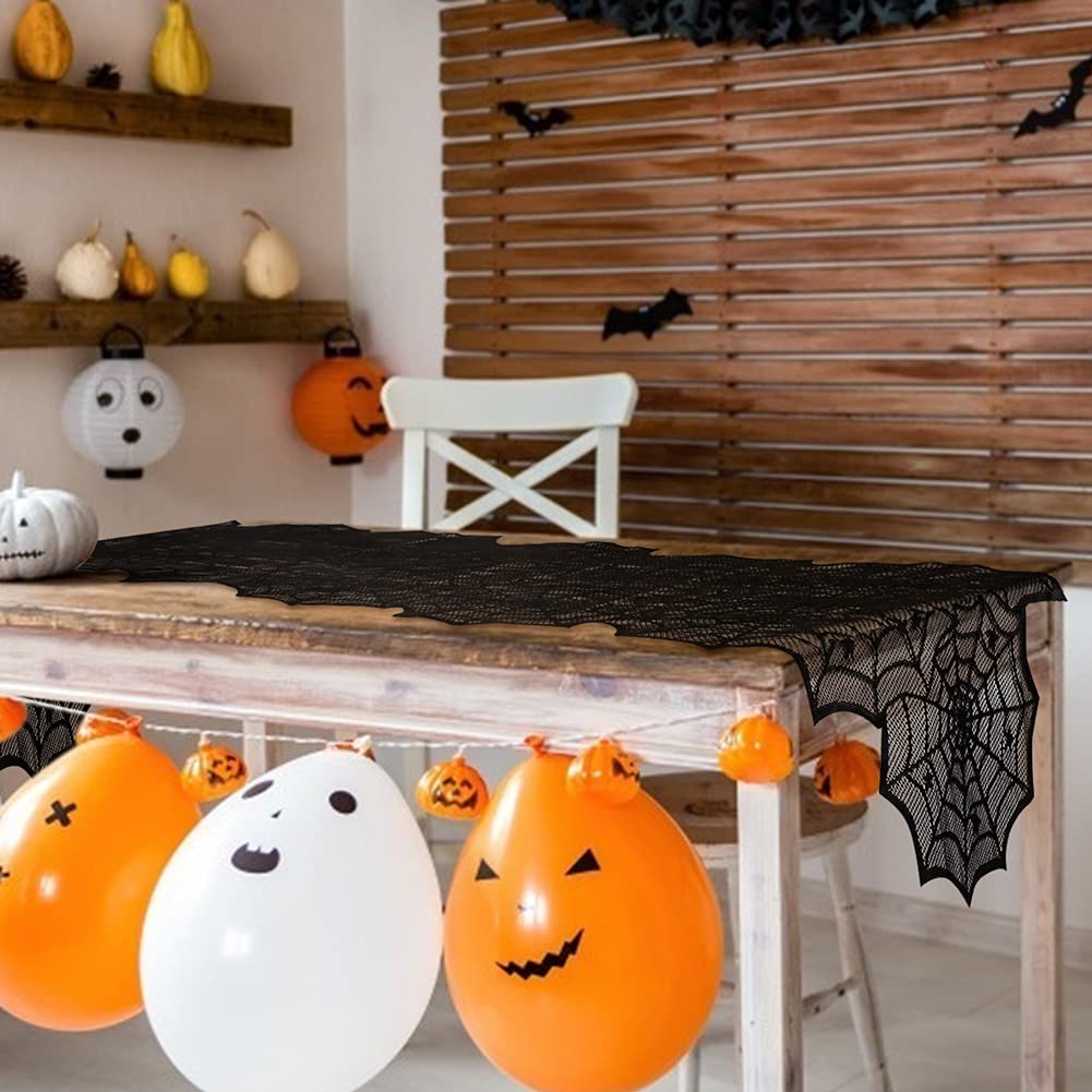 Black Lace Spider Web Table Runners for Halloween Decor