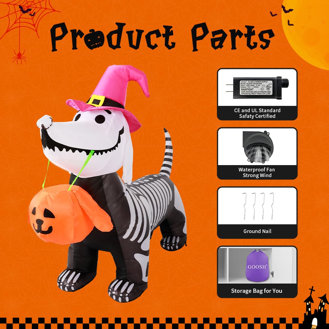 GOOSH 5.5 FT Halloween Inflatables Outdoor Decorations Skeleton Puppy