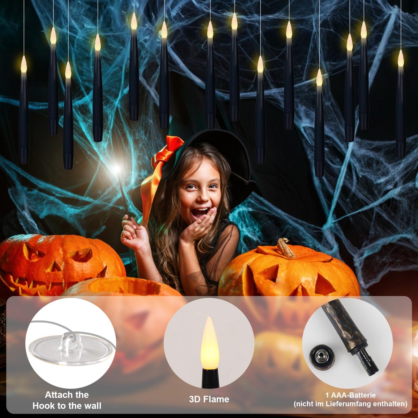 GenSwin Halloween Black Taper Flameless Candles with Ghost Hand Candlesticks
