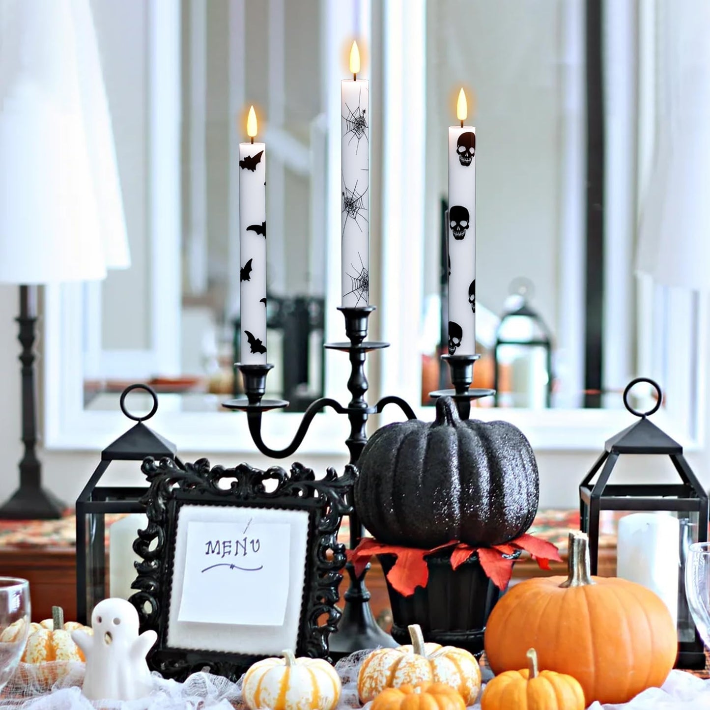 GenSwin Halloween Black Taper Flameless Candles with Ghost Hand Candlesticks