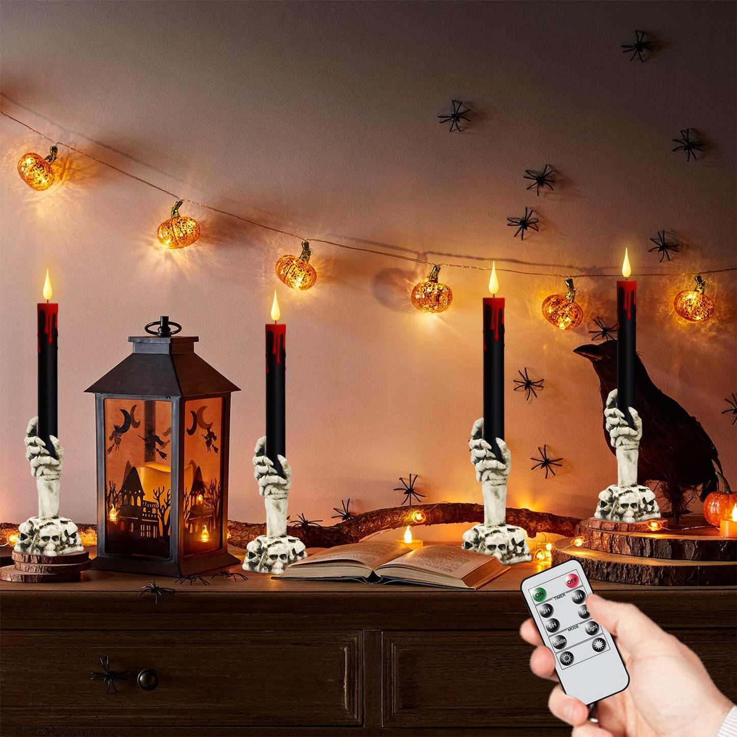 GenSwin Halloween Black Taper Flameless Candles with Ghost Hand Candlesticks