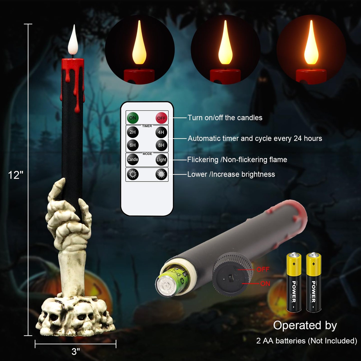 GenSwin Halloween Black Taper Flameless Candles with Ghost Hand Candlesticks