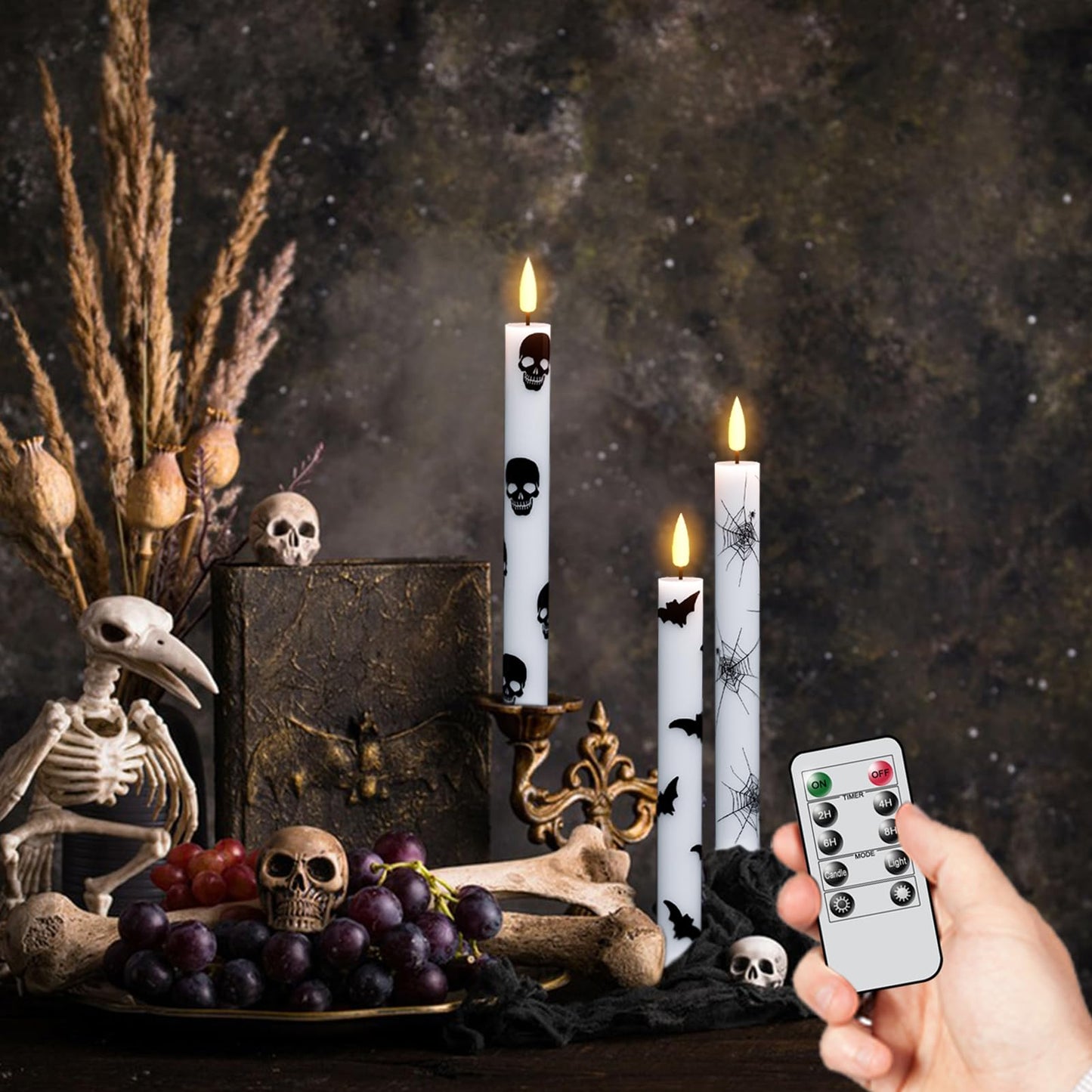 GenSwin Halloween Black Taper Flameless Candles with Ghost Hand Candlesticks