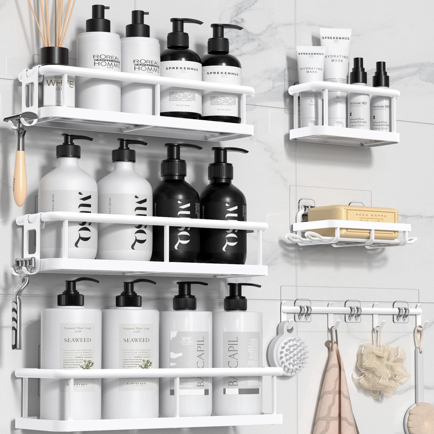 6 Pack Large Capacity Bath Organizer with Soap Holder and 12 Hooks
