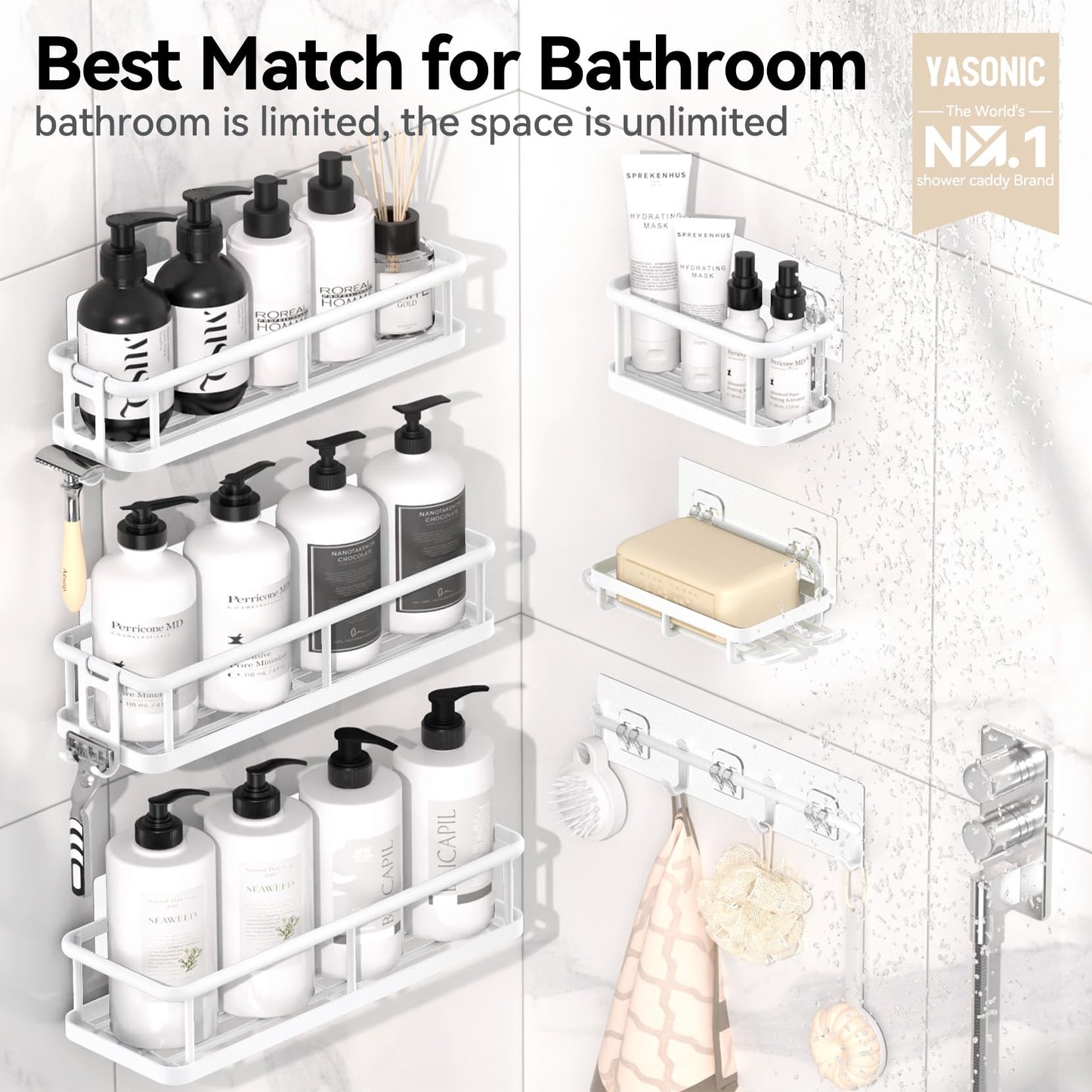 6 Pack Large Capacity Bath Organizer with Soap Holder and 12 Hooks