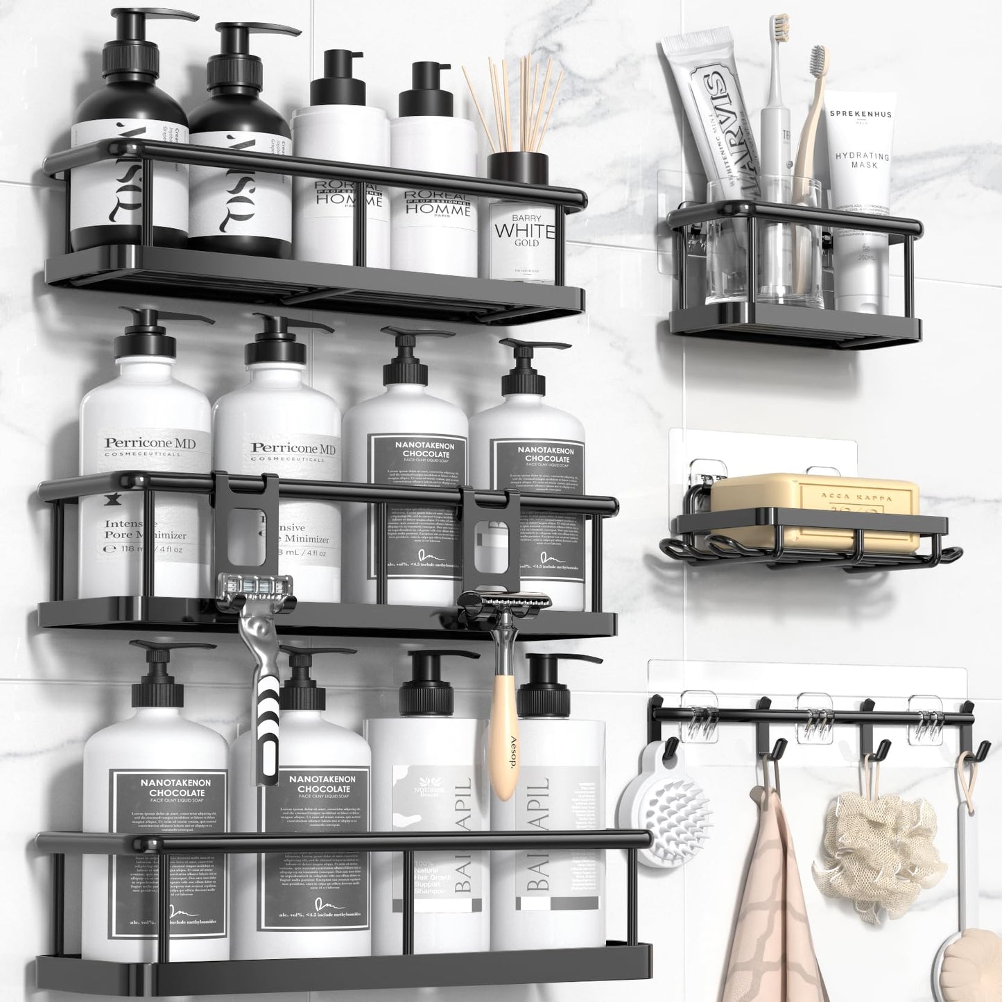 6 Pack Large Capacity Bath Organizer with Soap Holder and 12 Hooks