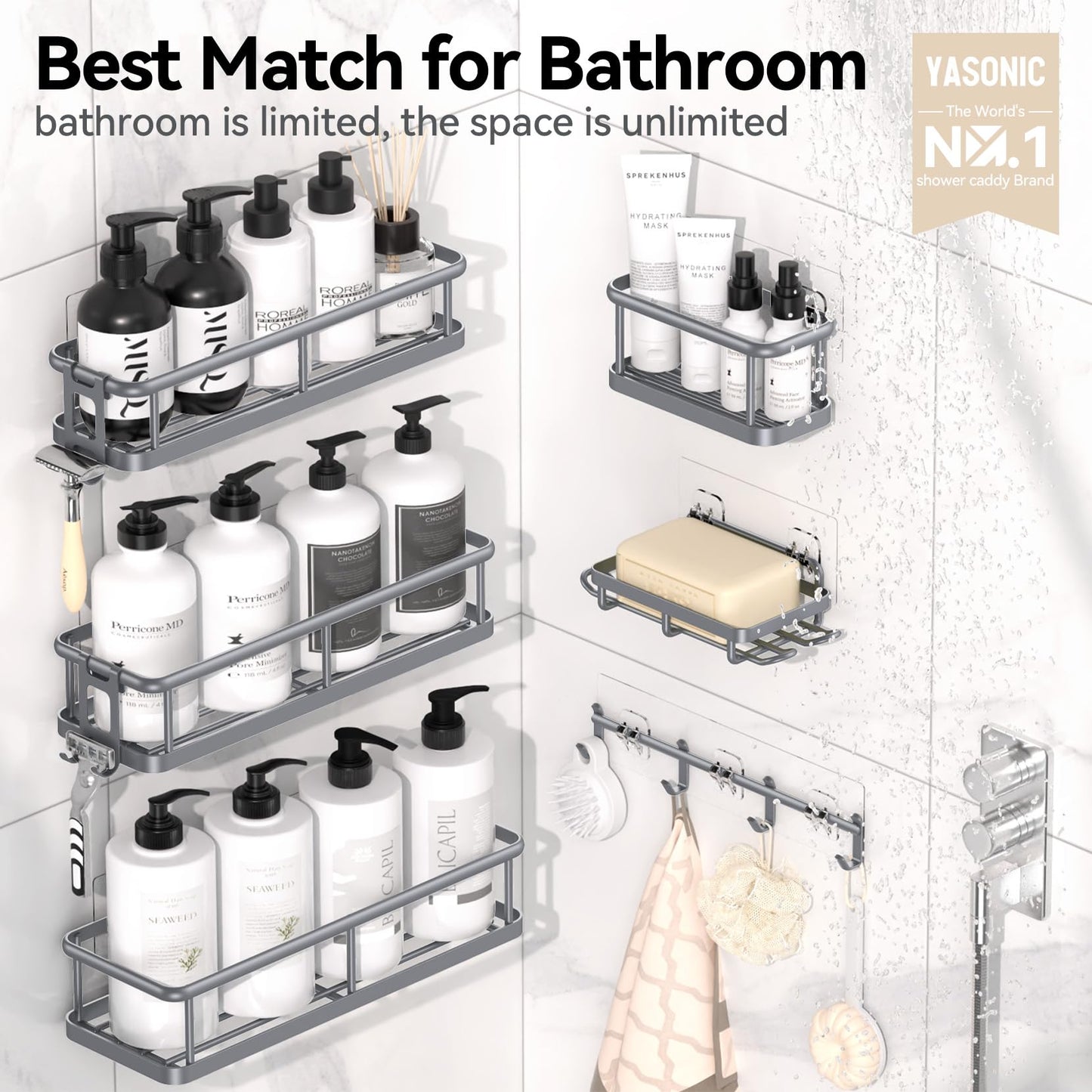 6 Pack Large Capacity Bath Organizer with Soap Holder and 12 Hooks