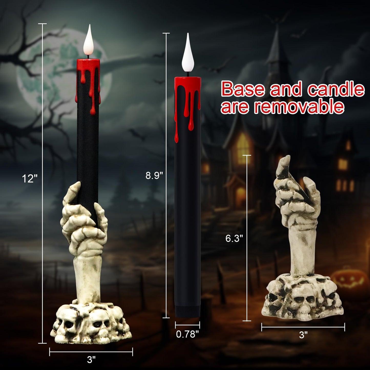 GenSwin Halloween Black Taper Flameless Candles with Ghost Hand Candlesticks