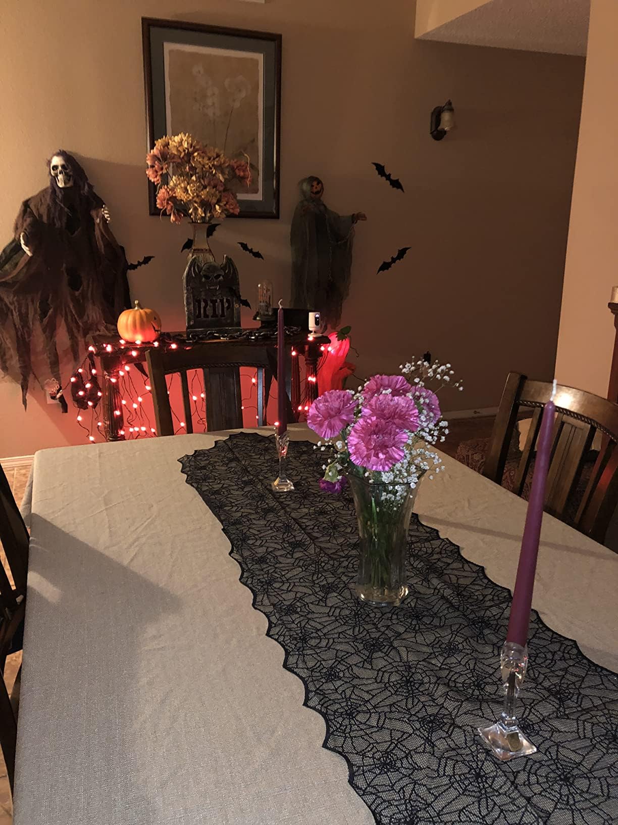 Black Lace Spider Web Table Runners for Halloween Decor