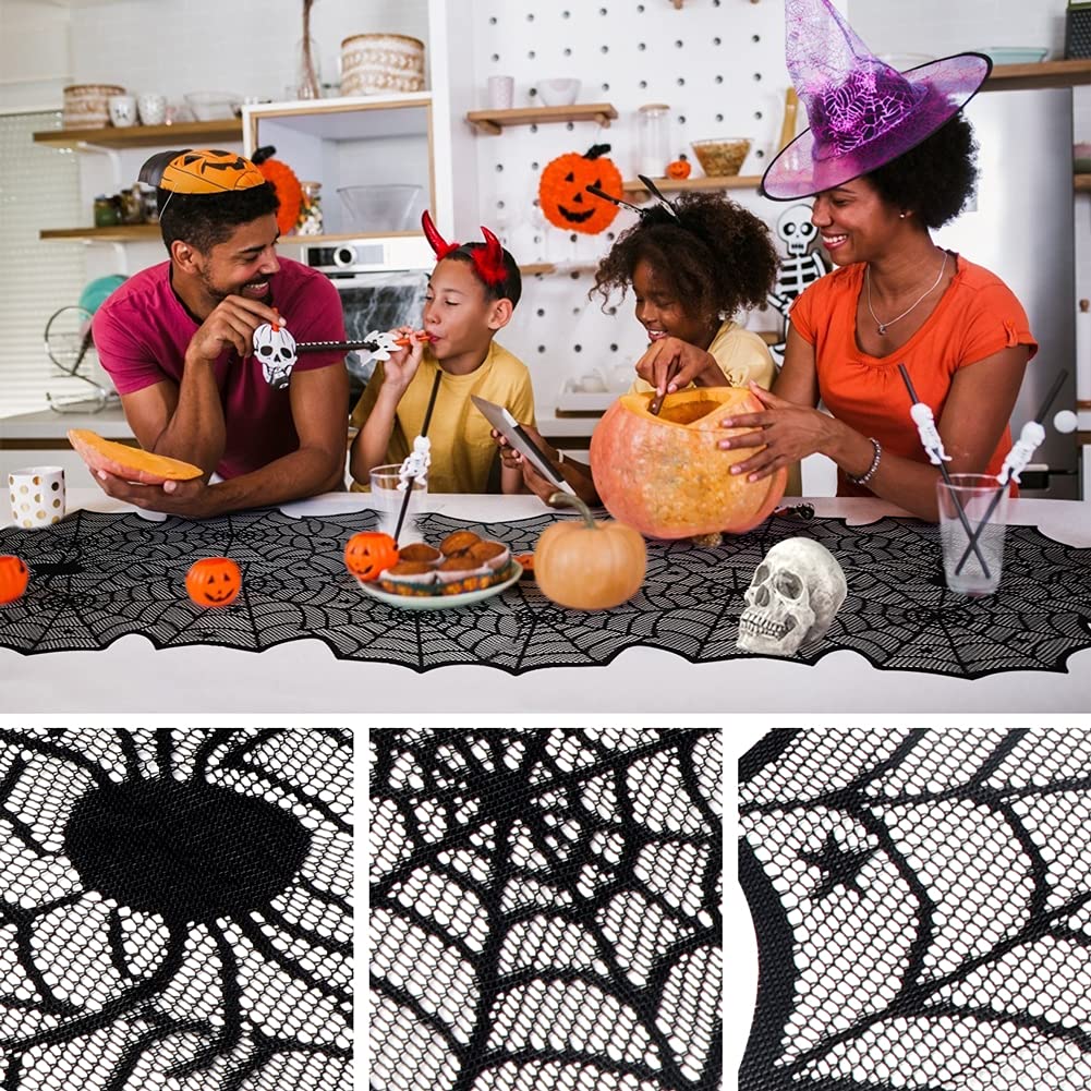 Black Lace Spider Web Table Runners for Halloween Decor