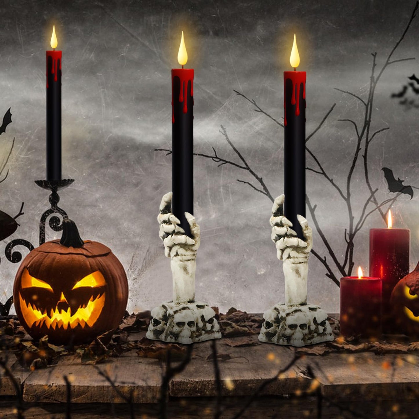 GenSwin Halloween Black Taper Flameless Candles with Ghost Hand Candlesticks