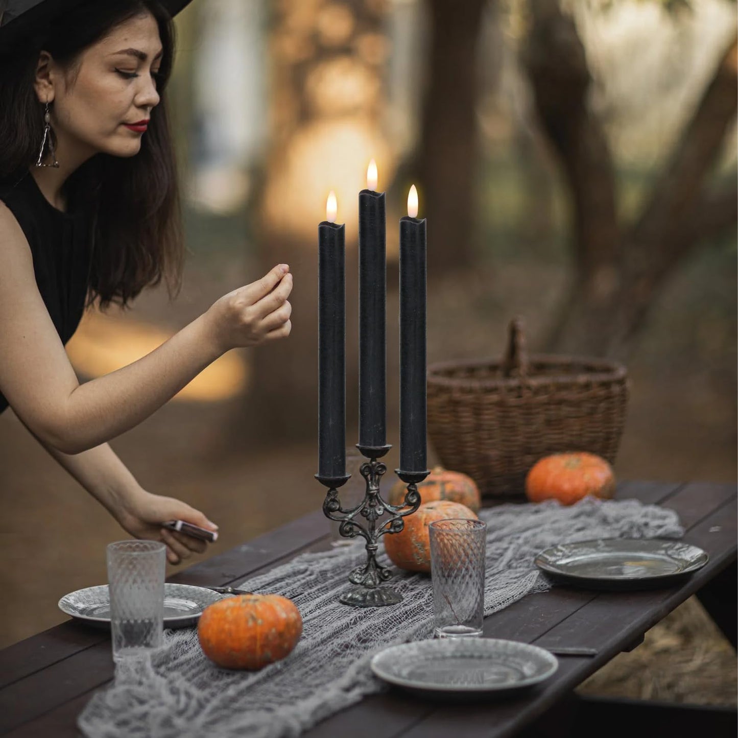 GenSwin Halloween Black Taper Flameless Candles with Ghost Hand Candlesticks
