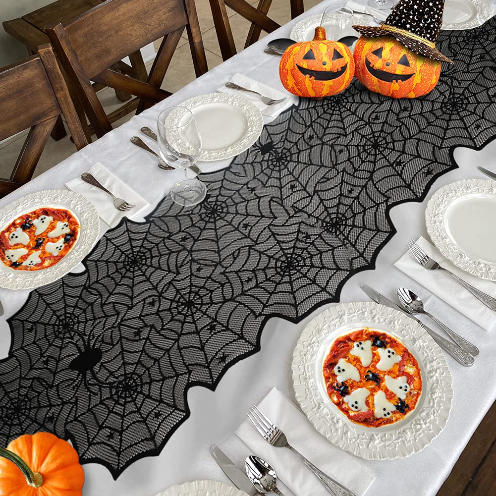 Black Lace Spider Web Table Runners for Halloween Decor