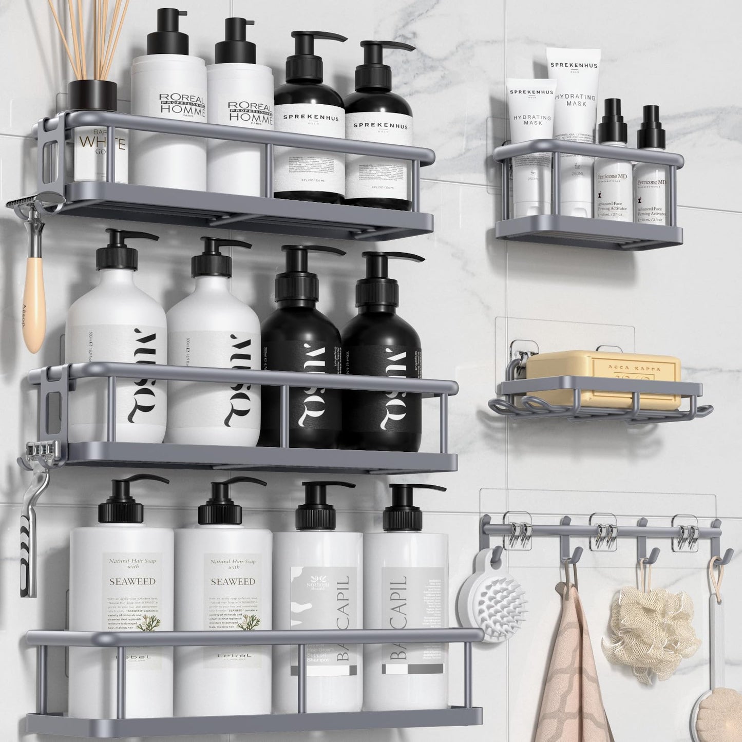 6 Pack Large Capacity Bath Organizer with Soap Holder and 12 Hooks