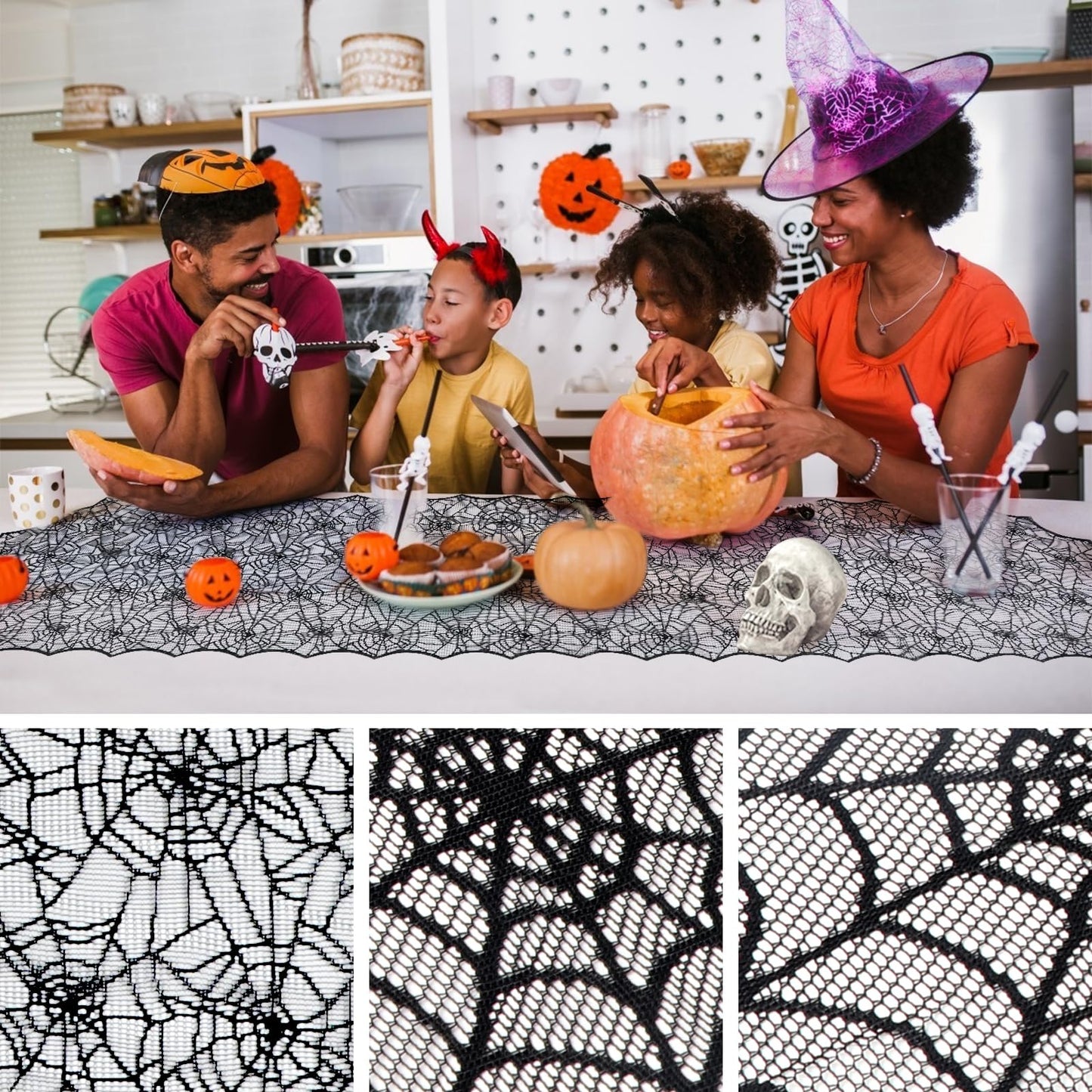 Black Lace Spider Web Table Runners for Halloween Decor