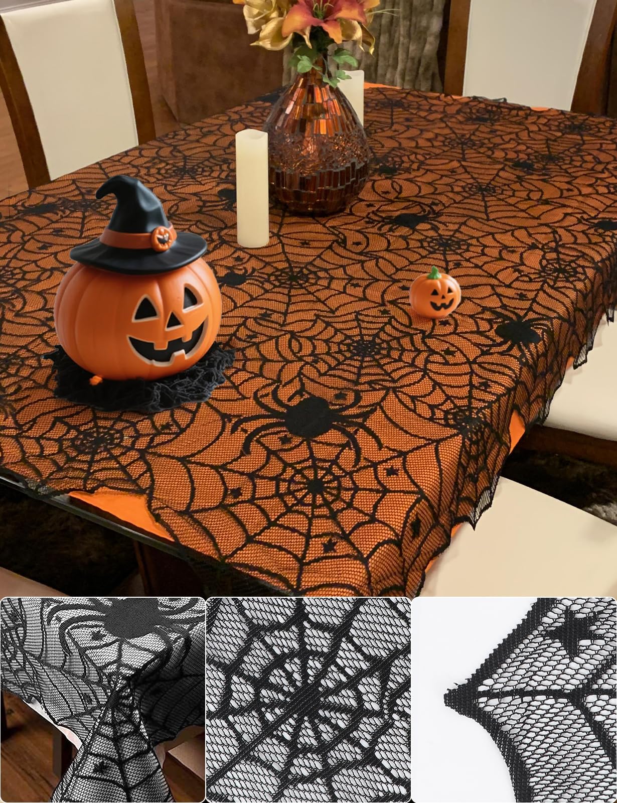 Black Lace Spider Web Table Runners for Halloween Decor