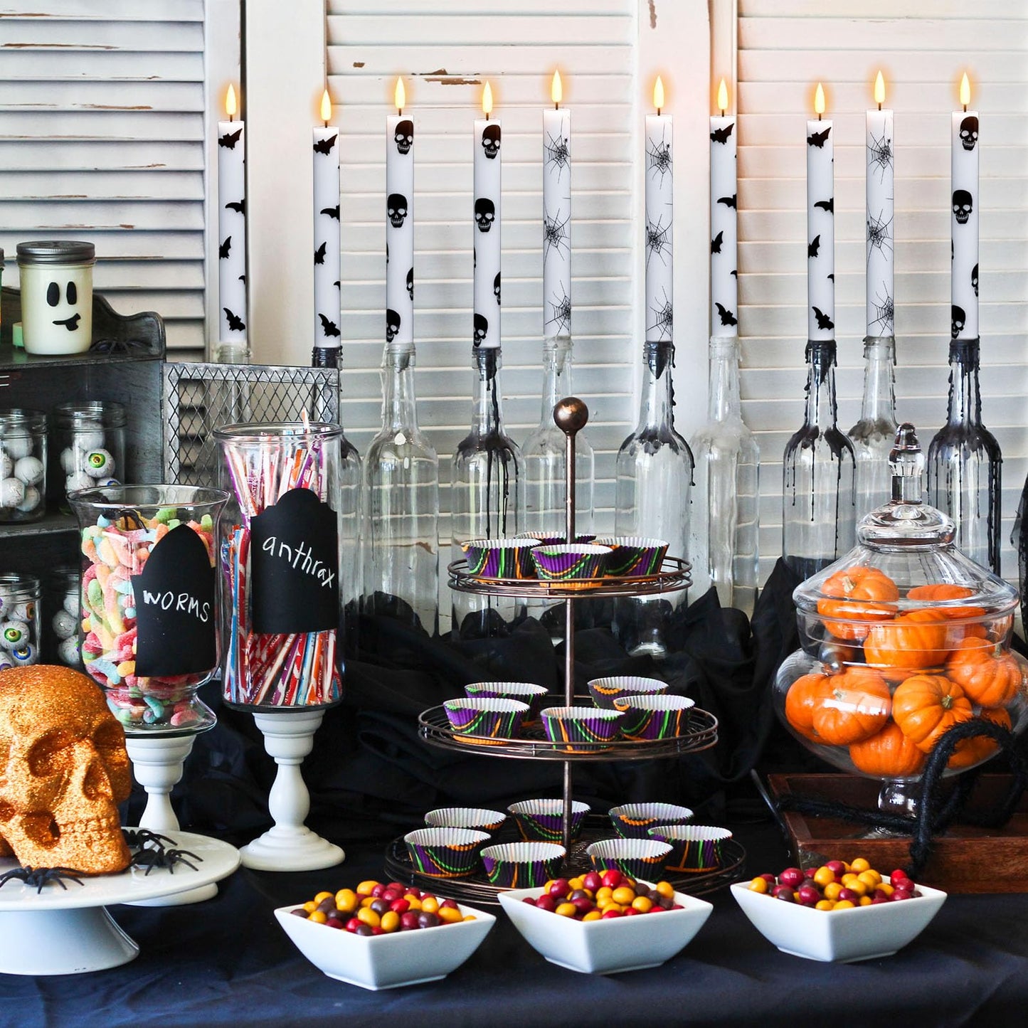 GenSwin Halloween Black Taper Flameless Candles with Ghost Hand Candlesticks