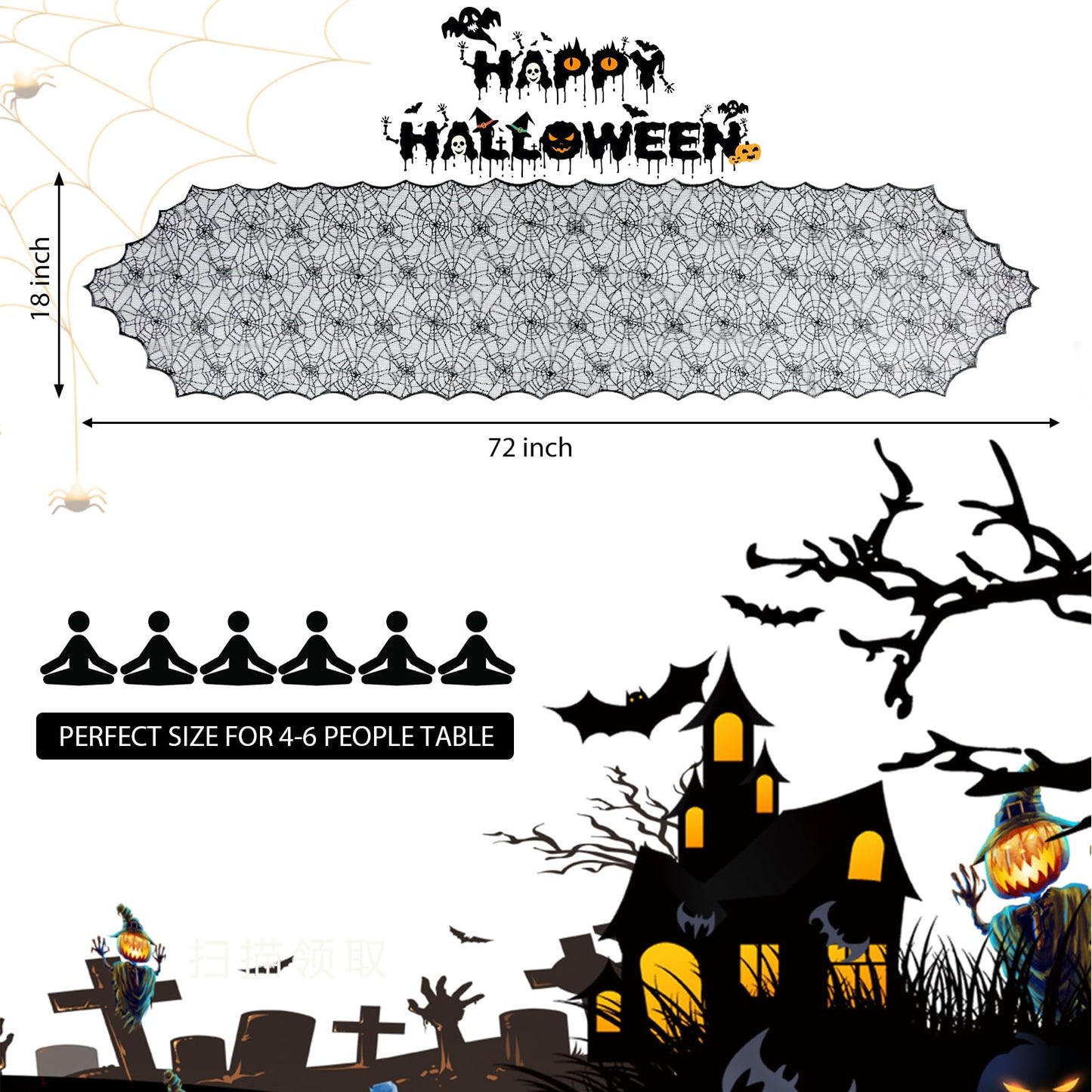 Black Lace Spider Web Table Runners for Halloween Decor