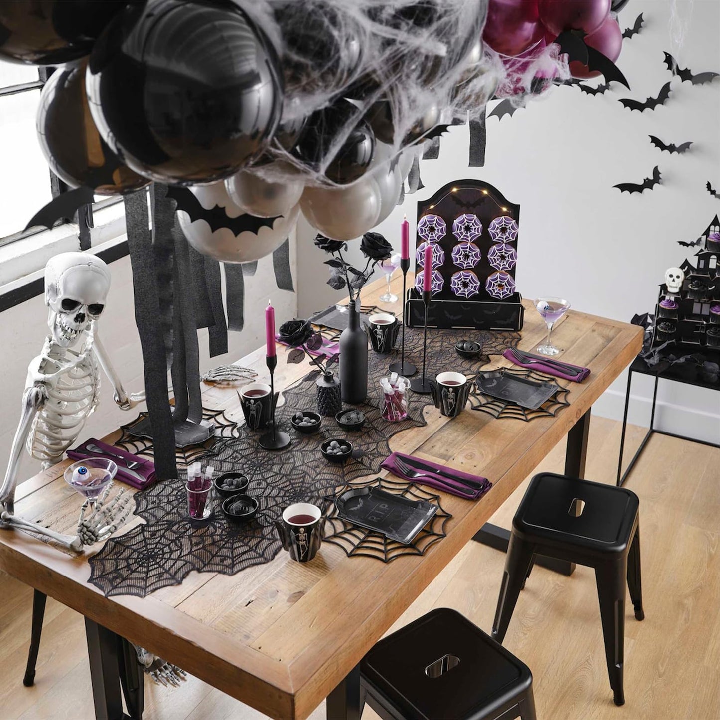 Black Lace Spider Web Table Runners for Halloween Decor