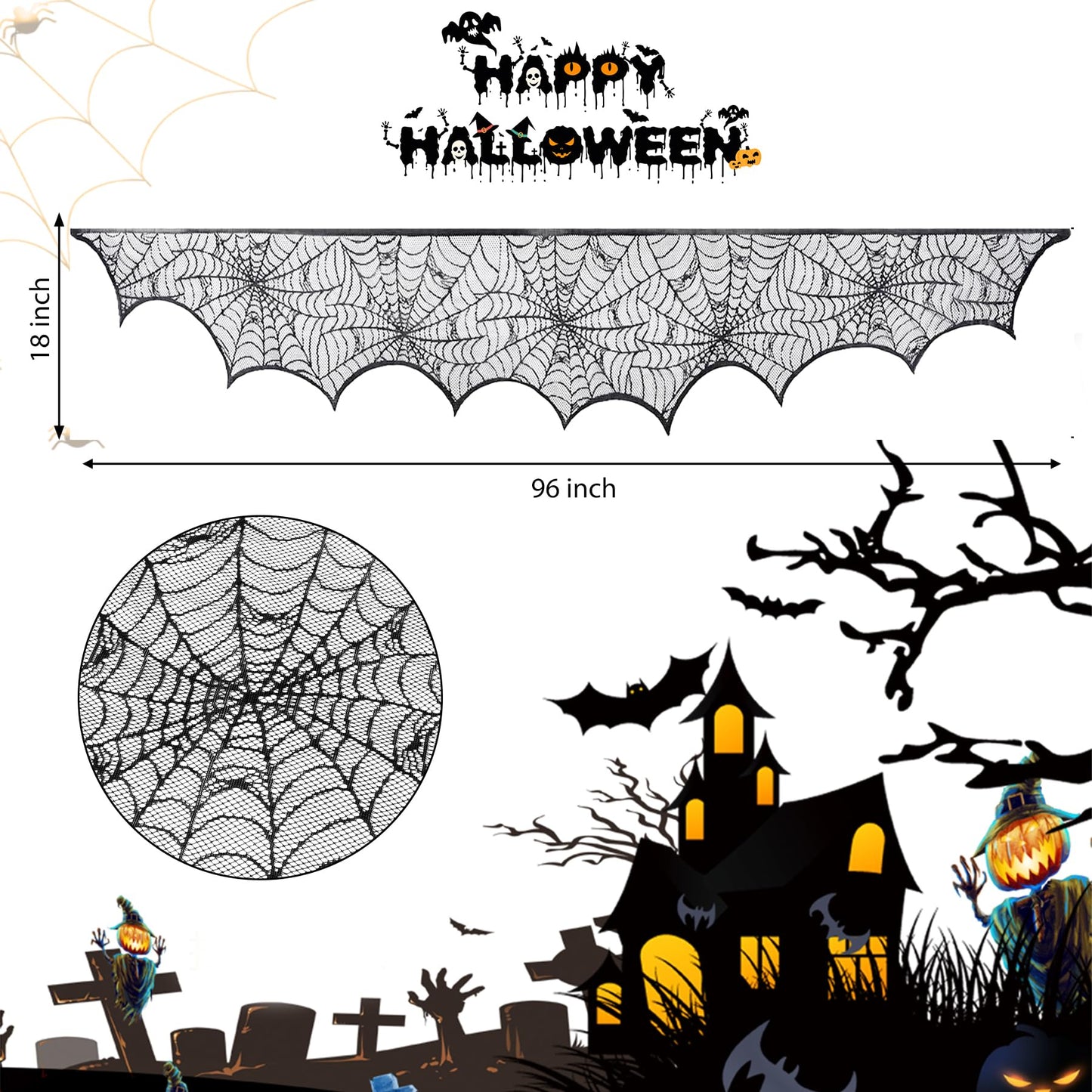 Black Lace Spider Web Table Runners for Halloween Decor