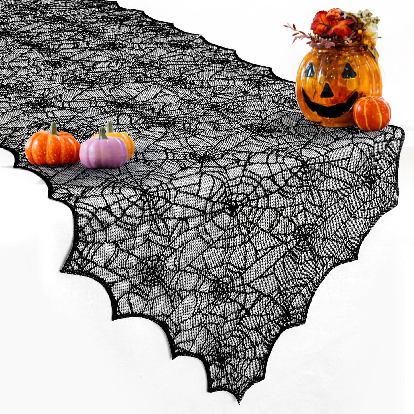 Black Lace Spider Web Table Runners for Halloween Decor