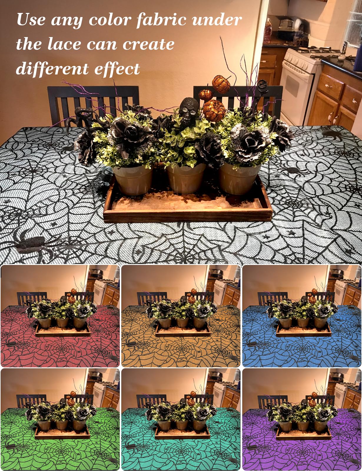 Black Lace Spider Web Table Runners for Halloween Decor