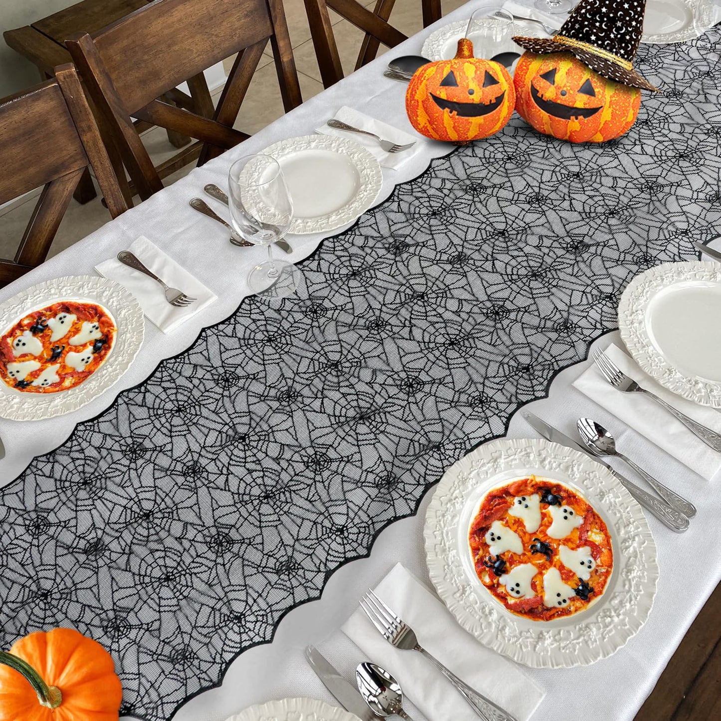 Black Lace Spider Web Table Runners for Halloween Decor