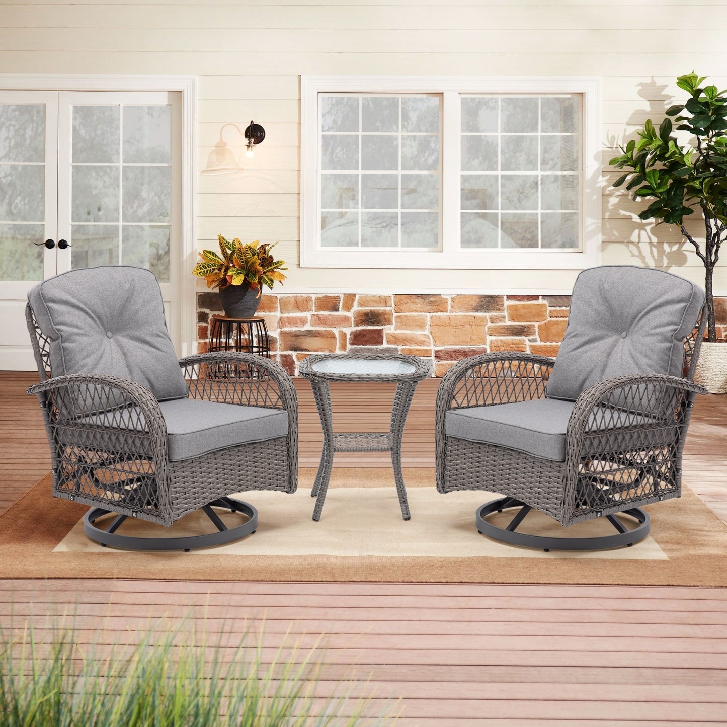 3pc Outdoor Swivel Rocker Patio Chairs with Thick Cushions
