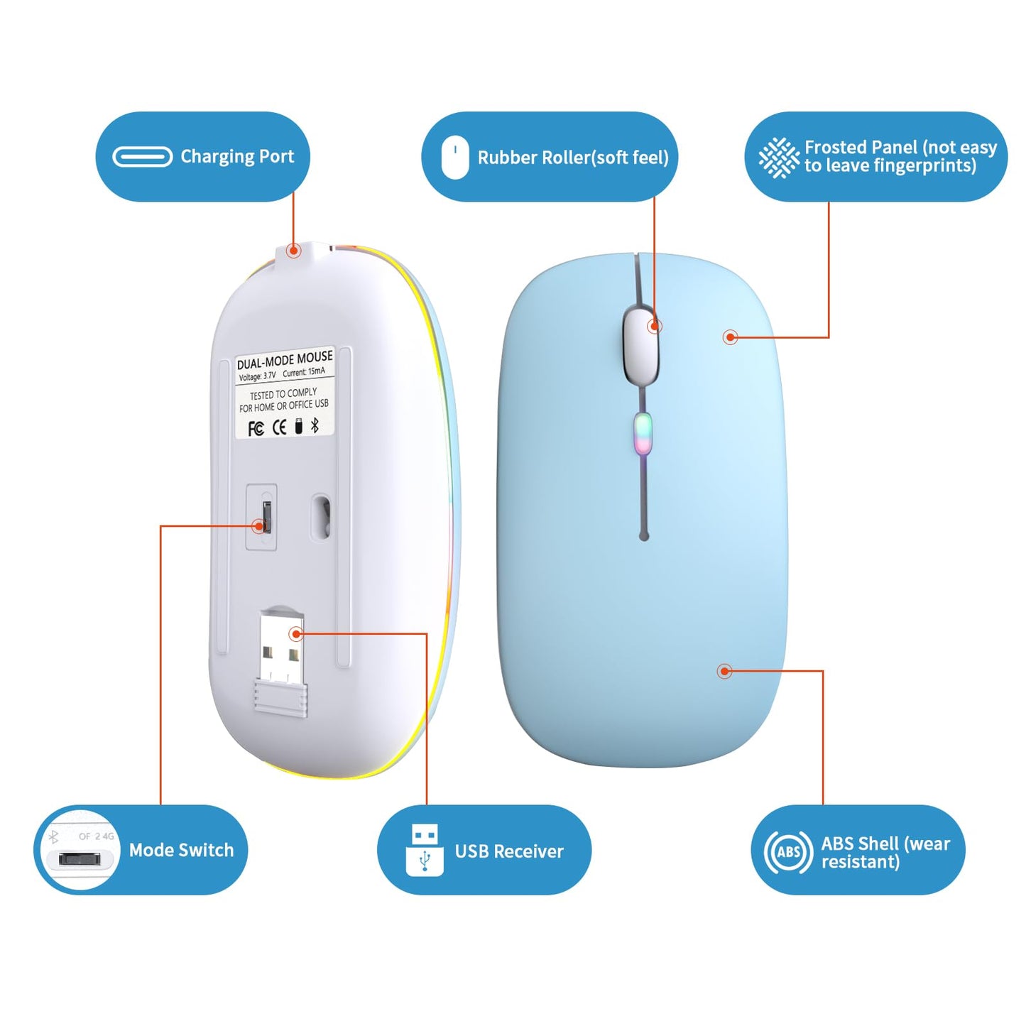 Wireless Bluetooth Mouse, Rechargeable, LED, Silent, Ultra-thin Design