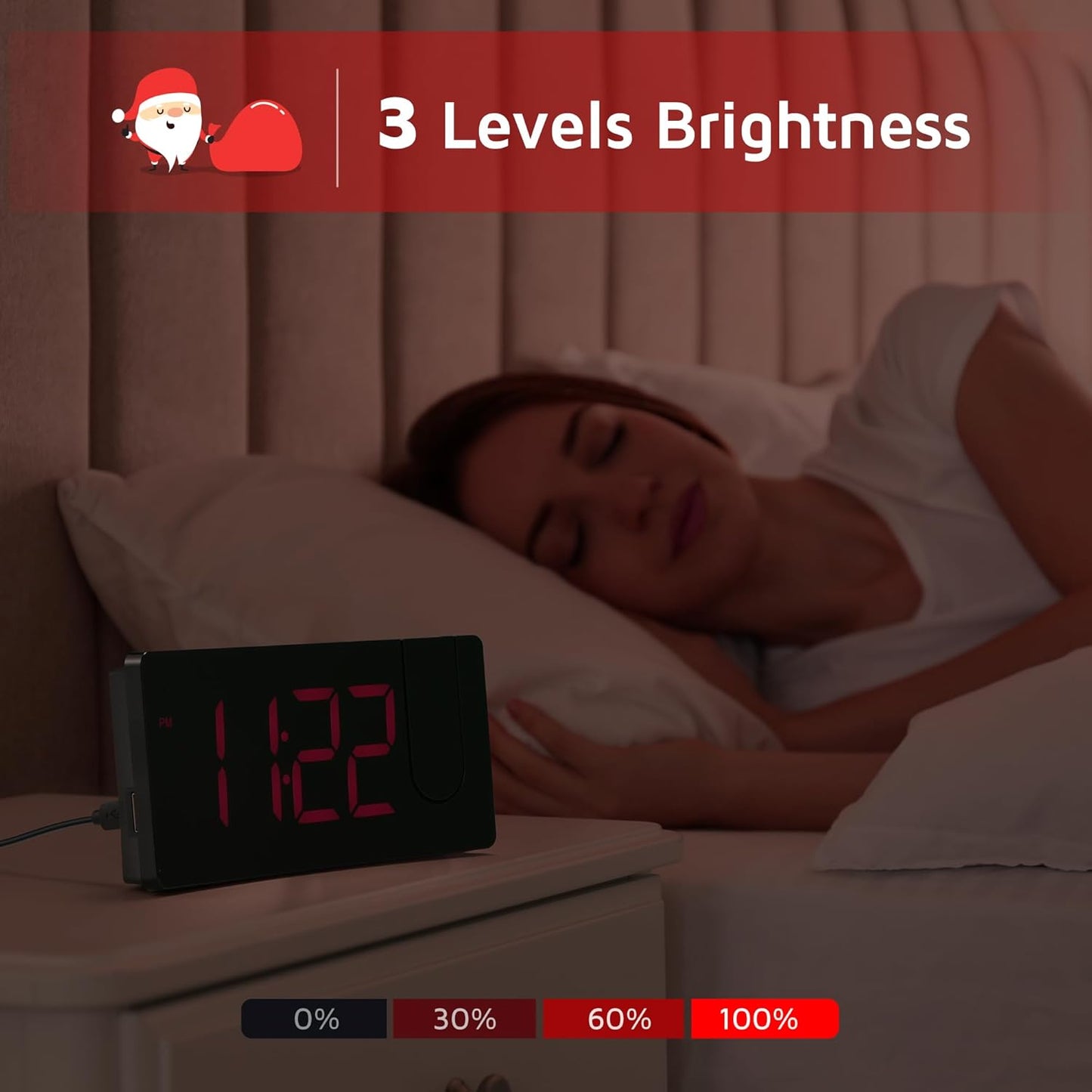 GOLOZA Projection Alarm Clock, Digital Clock with Modern Curved Design 180° Rotatable Projector, 3-Level Brightness Dimmer, Clear Red LED Display, Progressive Volume, 9mins Snooze,12/24H, for Bedroom