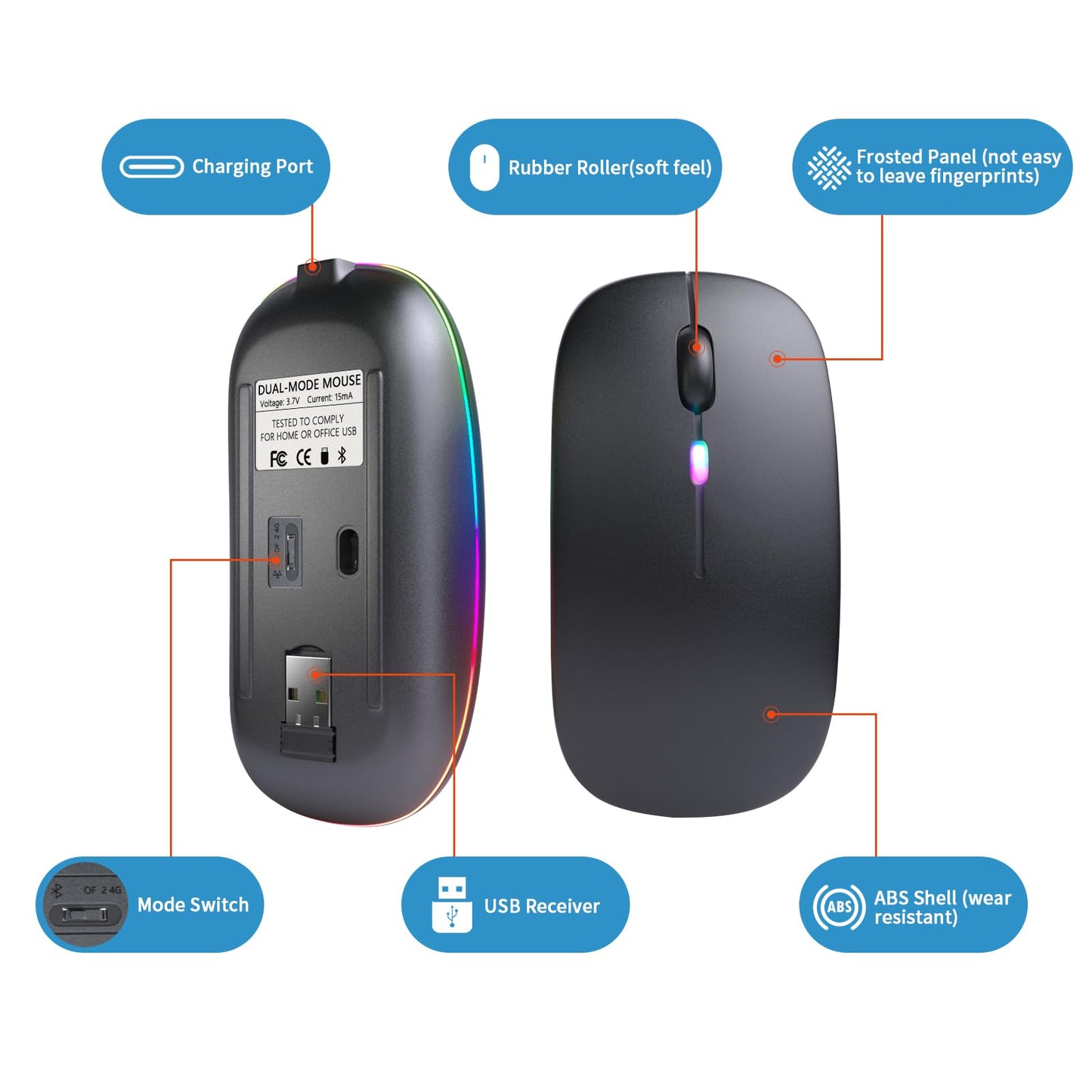 Wireless Bluetooth Mouse, Rechargeable, LED, Silent, Ultra-thin Design