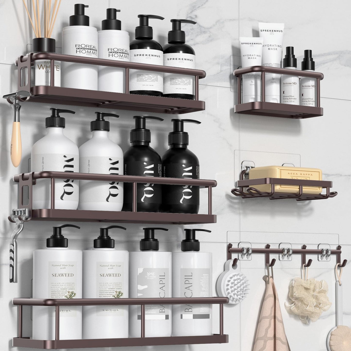 6 Pack Large Capacity Bath Organizer with Soap Holder and 12 Hooks