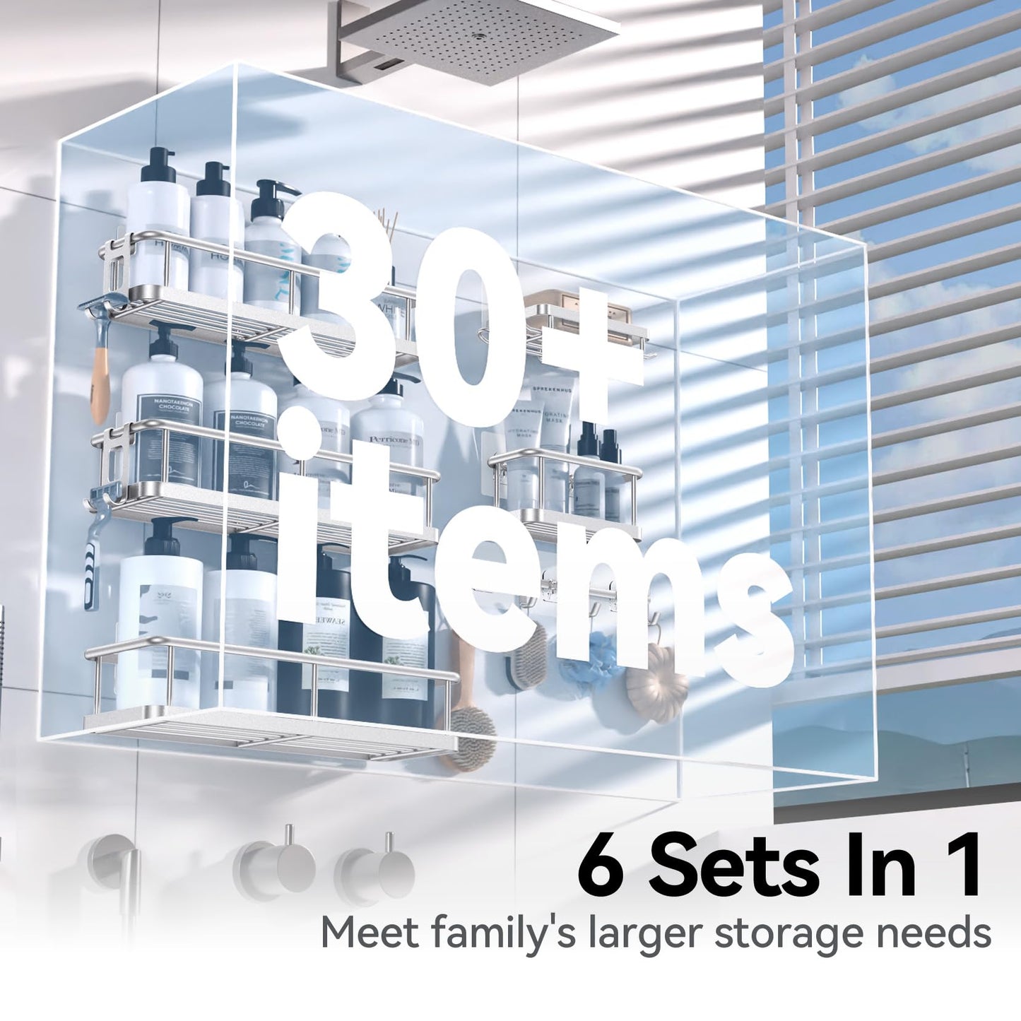 6 Pack Large Capacity Bath Organizer with Soap Holder and 12 Hooks