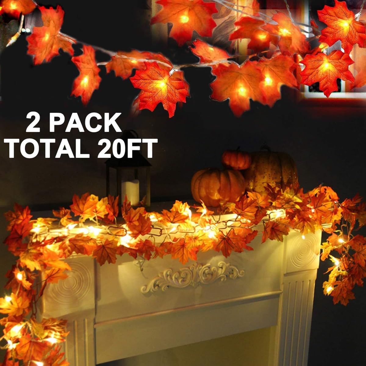 TURNMEON 2-Pack 20ft Maple Leaf LED String Lights