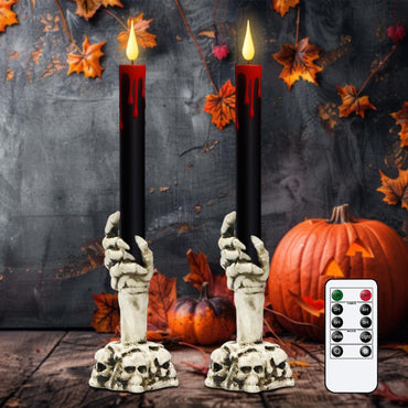 GenSwin Halloween Black Taper Flameless Candles with Ghost Hand Candlesticks