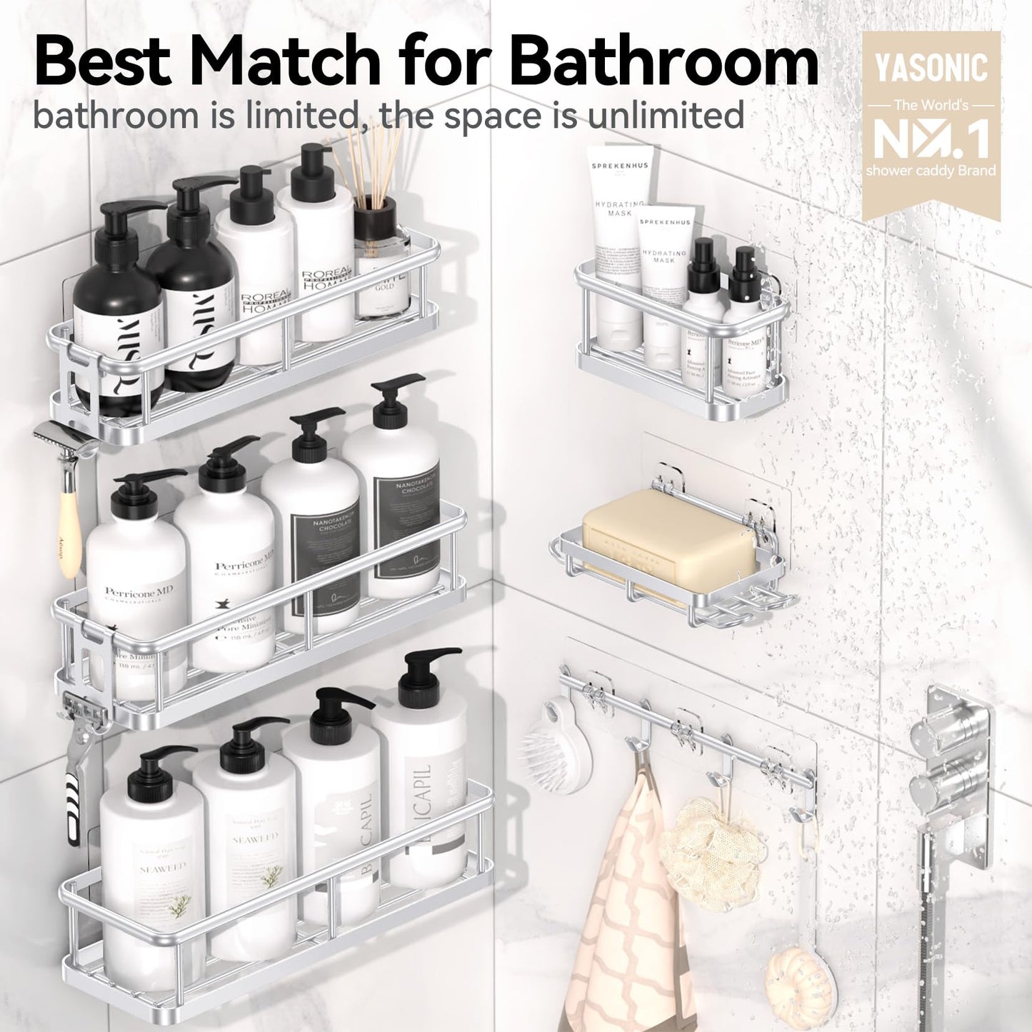6 Pack Large Capacity Bath Organizer with Soap Holder and 12 Hooks