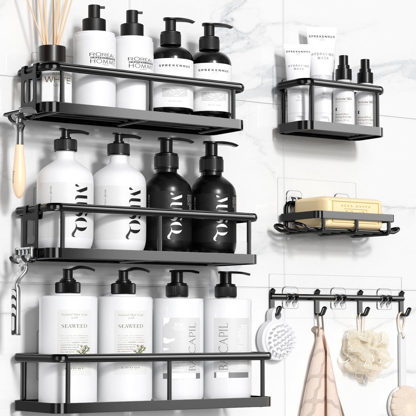6 Pack Large Capacity Bath Organizer with Soap Holder and 12 Hooks