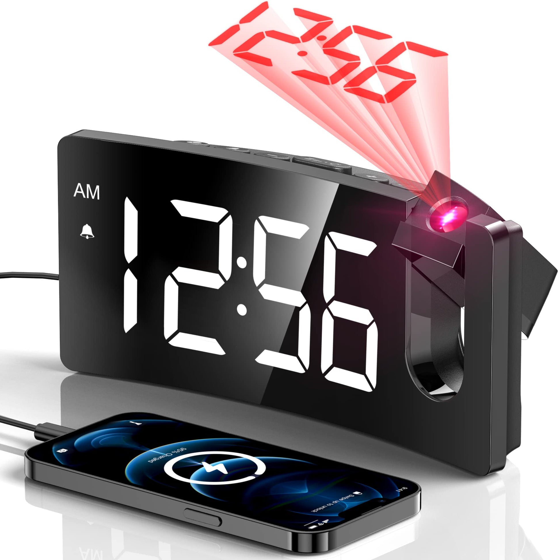 GOLOZA Projection Alarm Clock, Digital Clock with Modern Curved Design 180° Rotatable Projector, 3-Level Brightness Dimmer, Clear Red LED Display, Progressive Volume, 9mins Snooze,12/24H, for Bedroom