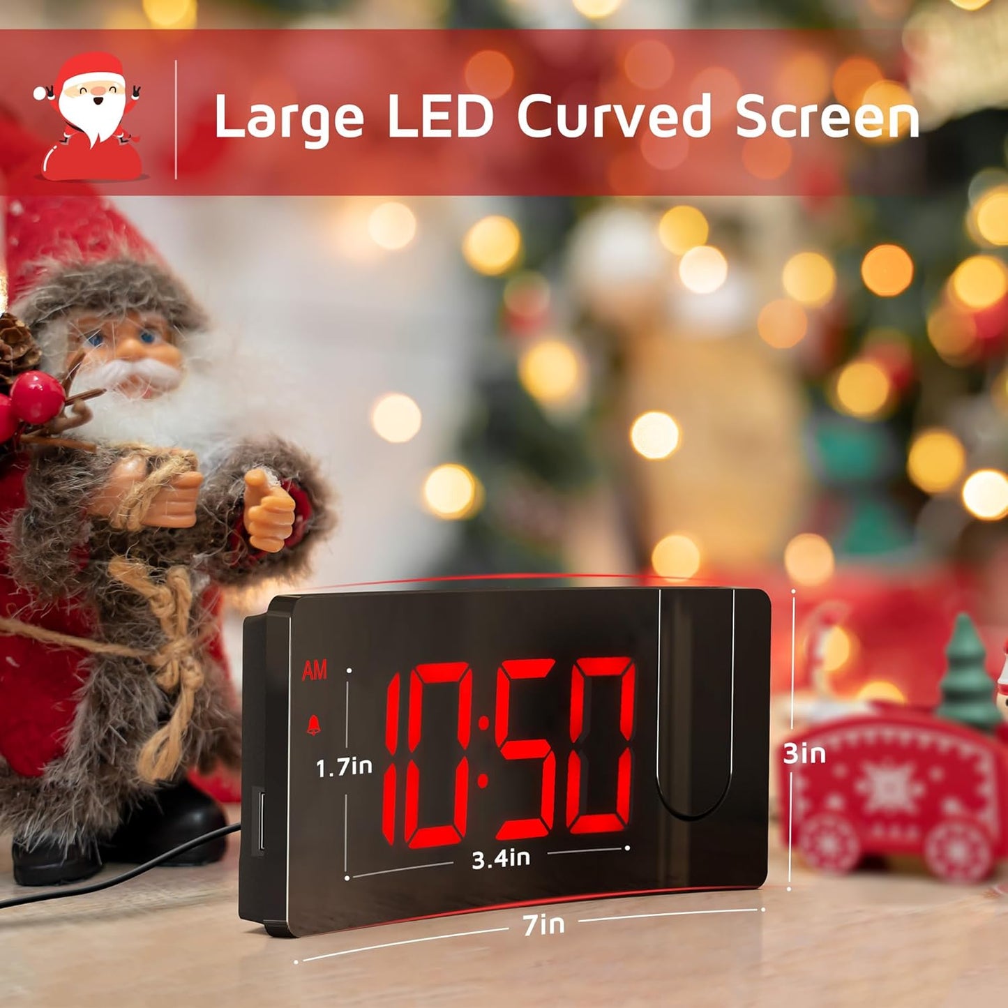 GOLOZA Projection Alarm Clock, Digital Clock with Modern Curved Design 180° Rotatable Projector, 3-Level Brightness Dimmer, Clear Red LED Display, Progressive Volume, 9mins Snooze,12/24H, for Bedroom