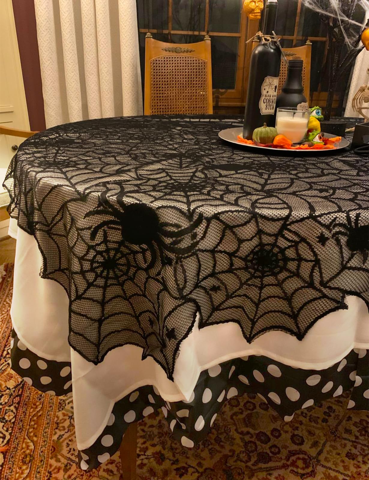 Black Lace Spider Web Table Runners for Halloween Decor