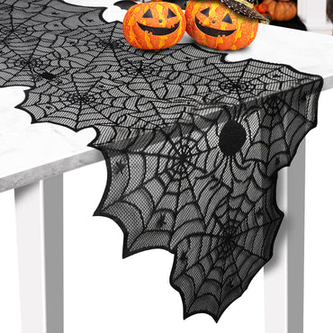 Black Lace Spider Web Table Runners for Halloween Decor